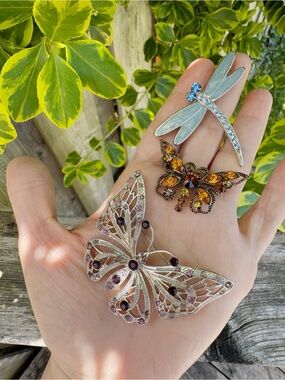 Elegant Butterfly and Dragonfly Brooch Set in Purple, Amber, and Blue